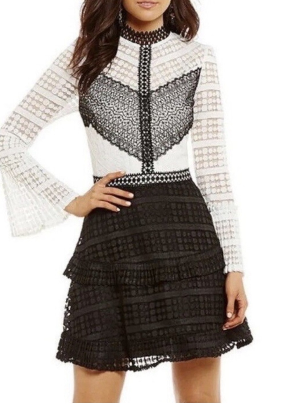 Gianni Bini Liv Up All Night Black White Lace Bell Sleeve Tiered Mini Dress XS